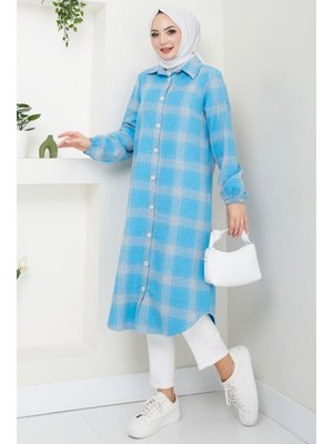 Mavi Uzun Ekose Oduncu Gömlek Tunik Mavi Uzun Ekose Oduncu Gömlek Tunik