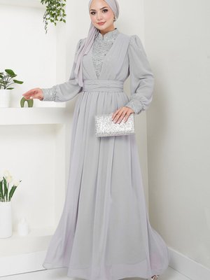 Pullu Şifon Abiye Elbise Gri Pullu Şifon Abiye Elbise Gri