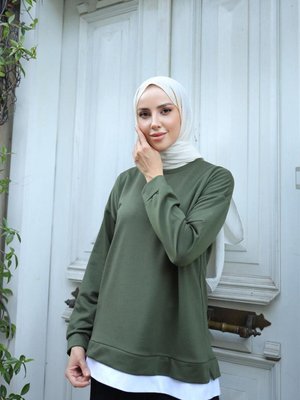 Eteği Garnili Sweat Haki