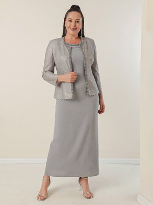 Gri Yaka Taşlı Astarlı Uzun Krep Elbise Pullu Ceket Büyük Beden 2'li Takım