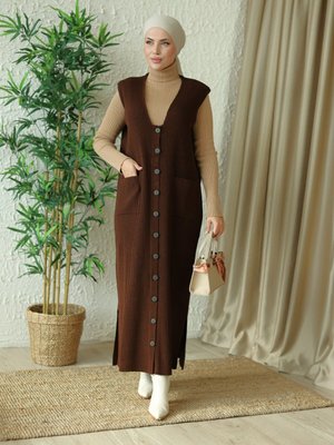 Tesettür Triko Düğmeli Cep Detaylı Yelek