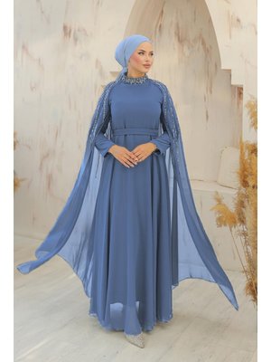 İndigo Laren Şifon Abiye Elbise