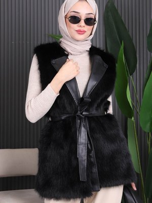 Siyah Deri Kuşaklı Kürk Yelek Siyah Deri Kuşaklı Kürk Yelek