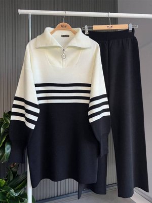 Balon Kol Çizgili Boğazlı Fermuarlı Triko İkili Takım Balon Kol Çizgili Boğazlı Fermuarlı Triko İkili Takım