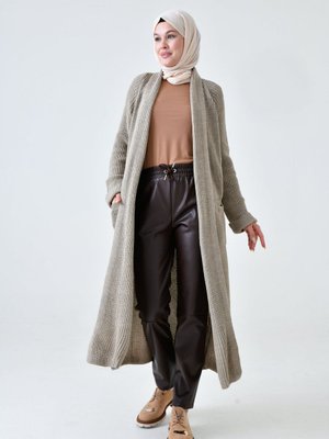 Vizon Triko Kumaş Çift Cep Tasarım Şal Yaka Uzun Giyim Hırka