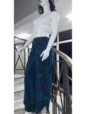 Turkuaz Otantik Nakış İşlemeli Harem Şalvar Pantolon