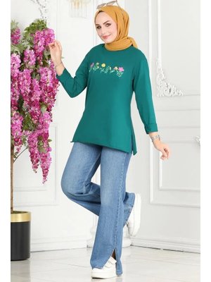 Çiçek Baskılı Zümrüt Yeşil Tunik