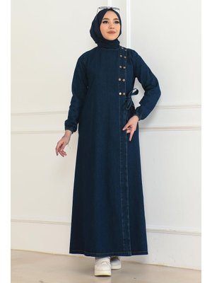 Koyu Mavi Düğmeli Yandan Bağlamalı Kot Ferace Koyu Mavi Düğmeli Yandan Bağlamalı Kot Ferace