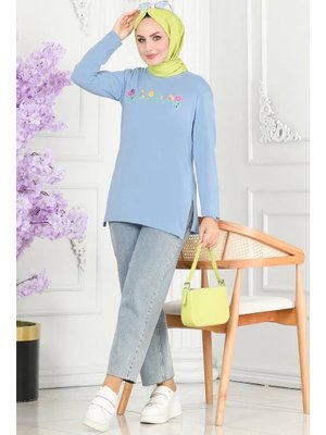 Çiçek Baskılı Bebe Mavisi Tunik