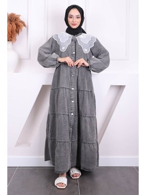 Füme Bel Kuşaklı Düğmeli Kot Elbise Füme Bel Kuşaklı Düğmeli Kot Elbise