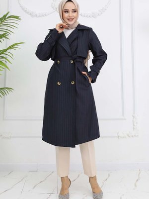 Bel Ve Kol Kemerli Çizgili Trençkot Lacivert