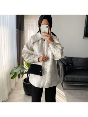 Organze Kendinden Desenli Fermuarlı Ceket