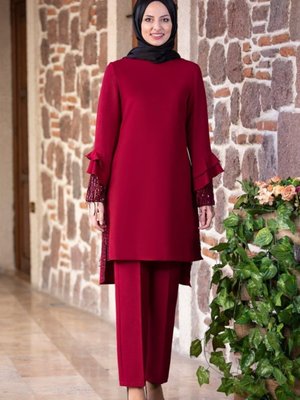 Bordo Volan Kol Payet Detay Tunik Ve Pantolon Takımı