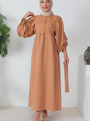 Camel Düğme Detaylı Koyu Somon Elbise