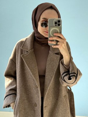 Oversize Biyeli Kaşe Kaban Kahve