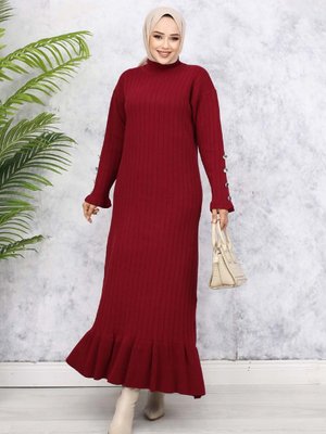 Fırfırlı Triko Elbise Bordo