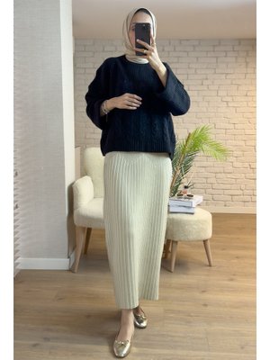 Bej Plise Detaylı Triko Etek