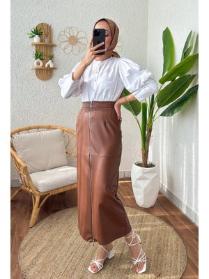 Taba Fermuarlı Deri Etek