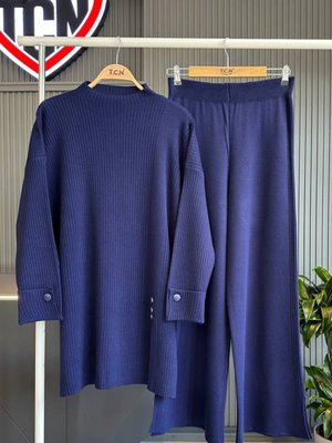 Lacivert Standart Triko Fitilli Düğme Detalı İkili Tunik Pantolon Takım