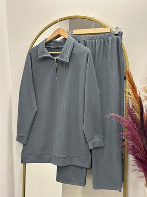 Bade Yarım Fermuarlı Fitilli Pantolonlu Takım Gri