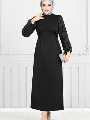 Kolları Sim Detaylı Abiye Elbise M Siyah Kolları Sim Detaylı Abiye Elbise M Siyah