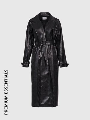 Desenli Deri Kemerli Trençkot Siyah Standart