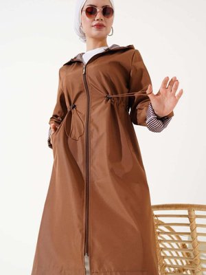 Kahve Bel Tünelli Çizgili Trençkot Kahve Bel Tünelli Çizgili Trençkot