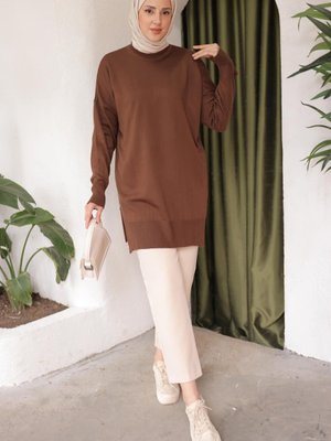Kahverengi Mevsimlik Merserize Salaş Triko Tunik Kahverengi Mevsimlik Merserize Salaş Triko Tunik