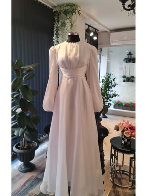 Ekrubeyaz Renk Organze Kumaştan,balon Kollu,bağcıklı,söz Nişan Nikah İçin Abiye Elbise