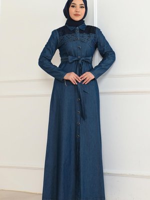 Koyu Mavi İnci Detaylı Kot Elbise