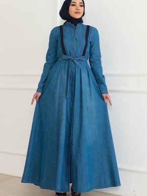 Açık Mavi Gizli Düğmeli Kot Elbise