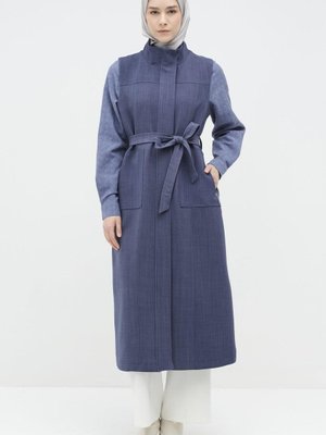 Fermuar Cepli Kuşaklı Yelek İndigo