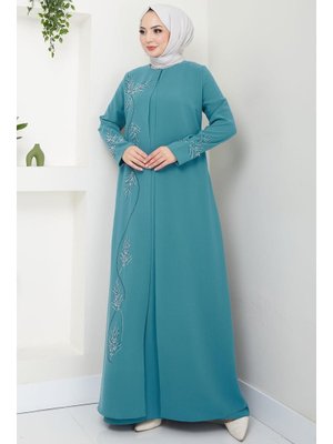 Büyük Beden Yaprak Taşlı Anne Elbisesi Mint