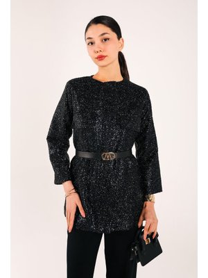 Lacivert Kemerli Payetli Ceket