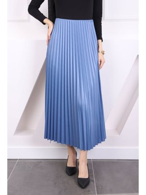 İndigo Deri Görünümlü Piliseli Etek İndigo Deri Görünümlü Piliseli Etek