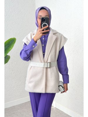Krem Sabit Kemerli Keçe Yelek
