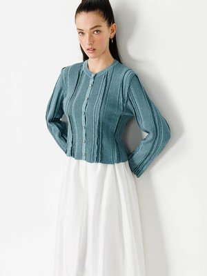 Büzgü Detaylı Hırka Petrol