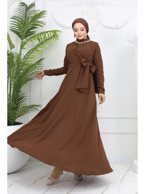 Kahverengi Fera Krep Abiye Elbise Kahverengi Fera Krep Abiye Elbise