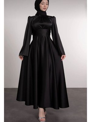 İspanyol Kol Beli Dolamalı Saten Abiye Elbise