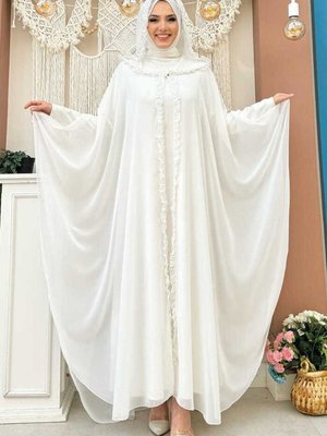 Kapişonlu Belirli Kısım5arı Fırfır Detaylı Abayalı Abiye Elbise Takım Ekru