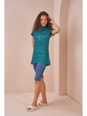 İndigo Yaprak Desen Yarı Kapalı Mayo