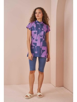 İndigo Palmiye Desen Yarı Kapalı Mayo