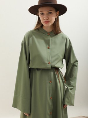 Dik Yaka Gömlek Elbise Haki Dik Yaka Gömlek Elbise Haki