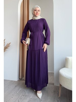 Eteği Piliseli Şifon Mor Elbise