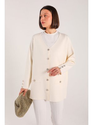 Ekru Düğmeli Triko Hırka