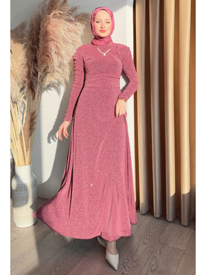 Simli Kruvaze Büzgülü Pembe Elbise Simli Kruvaze Büzgülü Pembe Elbise