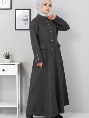 Antrasit Düğmeli Kaşe Kaban