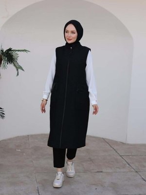 Armine Trend Fermuarlı Cepli Yelek Siyah
