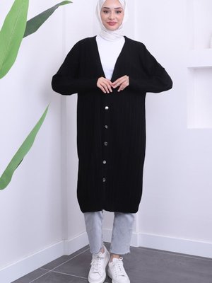 Siyah Mevsimlik Merserize Salaş Triko Hırka Siyah Mevsimlik Merserize Salaş Triko Hırka