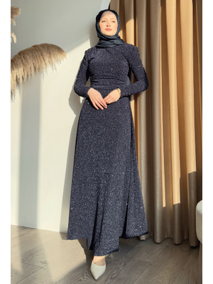 Simli Kruvaze Büzgülü Lacivert Elbise Simli Kruvaze Büzgülü Lacivert Elbise